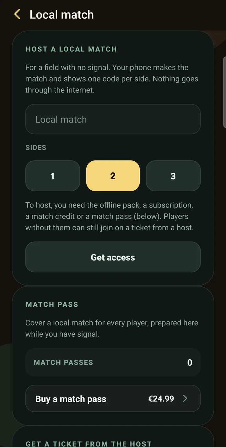 Local match screen: host a match with no signal