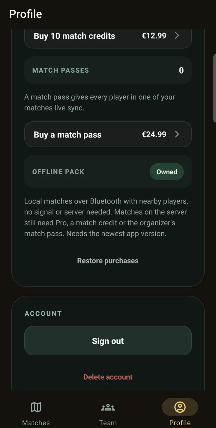 Profile tab: offline pack owned, local matches over Bluetooth
